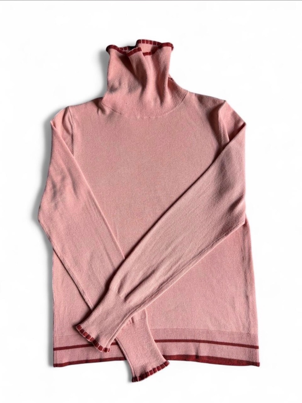 Lela Rose Blush Pink Turtleneck Sweater with Maroon Trim